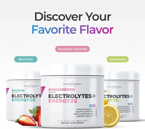 Miniatura 4 de Livingood Daily Electrolitos en polvo limonada de fresa, 30 porciones, polvo de hidratación 4 en 1 con vitamina C, taurina, D ribosa y FOS, mezcla
