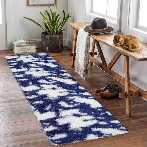 Miniatura 2 de GAOMON Alfombra moderna de pelo largo azul y blanco para niños, de 2 x 6 pies, ultra suave, peluda, para interiores, alfombra de pelo alto