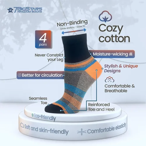 Miniatura 15 de 7BIGSTARS KINGDOM Women's Cotton Quarter Non-Binding Diabetic Fashion Socks-L-M-4 Pack-Multicolor