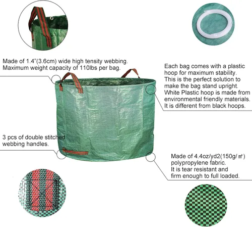 Miniatura 3 de Gardzen Paquete de 3 bolsas de basura de 16 galones, reutilizables, resistentes, plegables, para hojas de jardín, con anillo de plástico, cubo