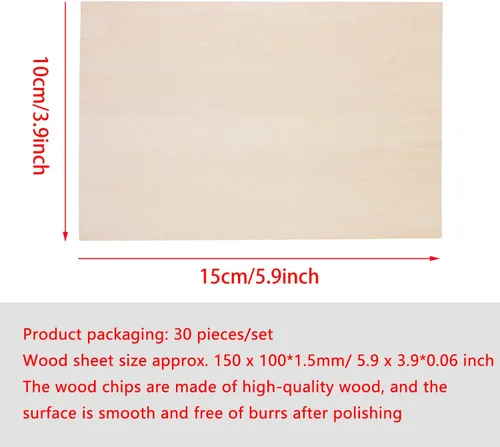 Miniatura 2 de Hojas de tilo, 30 unidades de madera sin terminar, hojas de madera contrachapada fina rectangular para manualidades, quema de madera y corte CNC