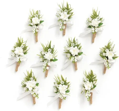 Miniatura 18 de Ling's Moment Boutonniere para Hombre, juego de 10 ramilletes para invitados, flores artificiales para decoración de boda/baile/regreso a casa, etc.