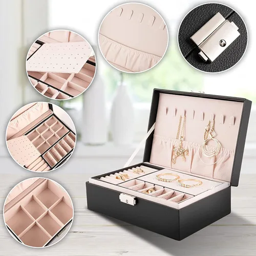 Miniatura 5 de Organizador de joyas para mujer organizador grande de joyas de viaje de 2 capas de piel sintética con forro suave para mujeres y niñas anillos