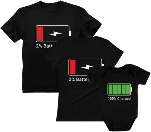 Tstars Camisetas familiares a juego – Divertido juego de batería baja y carga completa para mamá, papá y bebé – Regalo para nuevos padres