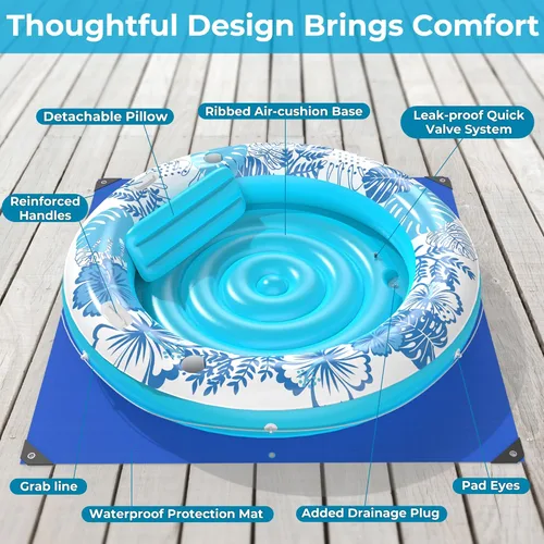 Miniatura 7 de Inflatable Tanning Pool Lounger Float with Protection Tarp, 75" x 75" Pool Floats Adult with Pillow, 6 in 1 Suntan Tub Raft Floatie, Sunbathing Azul
