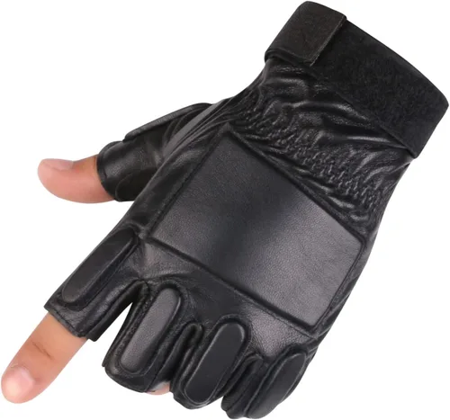 Long Keeper Guantes de cuero genuino sin dedos para hombre, medio dedo, conducción, ciclismo, motocicleta, deportes al aire libre, Negro -