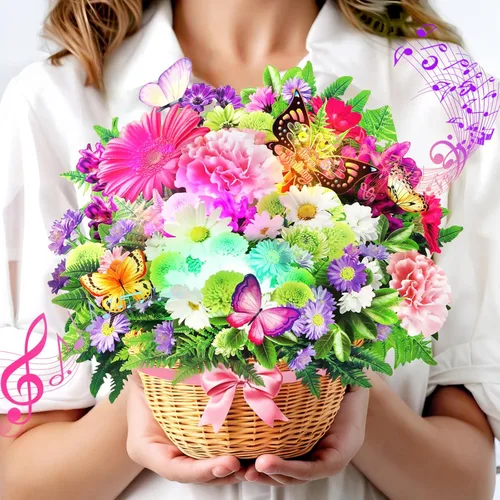 Miniatura 11 de Yinqing Tarjetas de cumpleaños, tarjeta de feliz cumpleaños ligera y música, lirio y mariposas, ramo de flores de tamaño natural de 10 pulgadas
