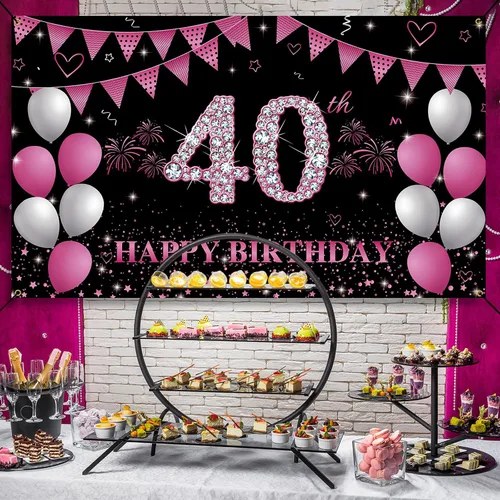 Miniatura 3 de Cartel de fondo de 40 cumpleaños rosa intenso, decoraciones de feliz cumpleaños 40 para mujeres, fiesta de cumpleaños de 40 años, accesorios