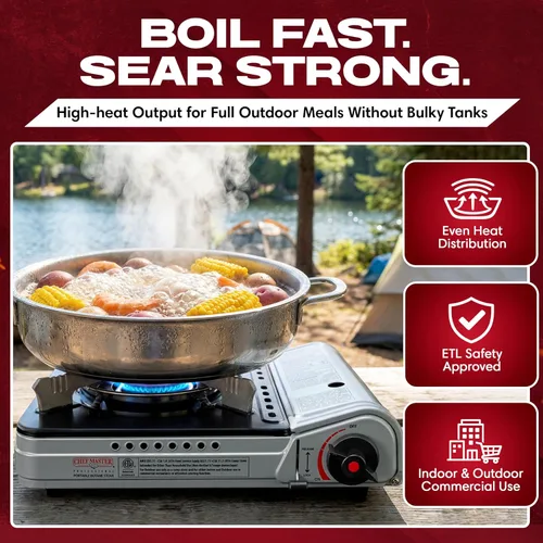 Miniatura 7 de Chef Master Estufa portátil de butano de 12,000 BTU - Quemador de gas para acampar y cocinar al aire libre - Placa de cocina de sobremesa