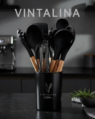 Miniatura 8 de Juego de utensilios de cocina de silicona, sin BPA, no tóxico, antiadherente, resistente al calor hasta 446 °F, asas de madera antiarañazos + Negro