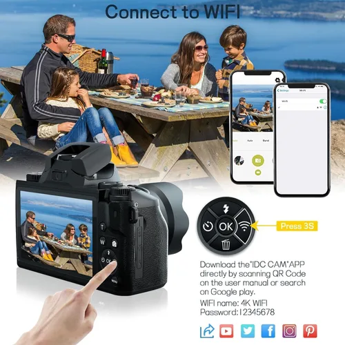 Miniatura 4 de Cámaras digitales para fotografía, NIKICAM 4K 64MP WiFi Vlogging Cámara para YouTube con pantalla táctil de 4 pulgadas, cámara dual, Flash, tarjeta