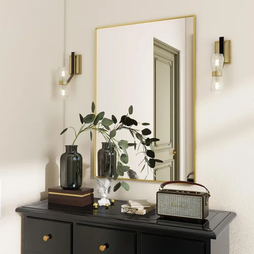 Miniatura 11 de BEAUTYPEAK Espejo de pared rectangular dorado de 24 x 36 pulgadas con marco de metal, se cuelga horizontal o vertical para sala de estar