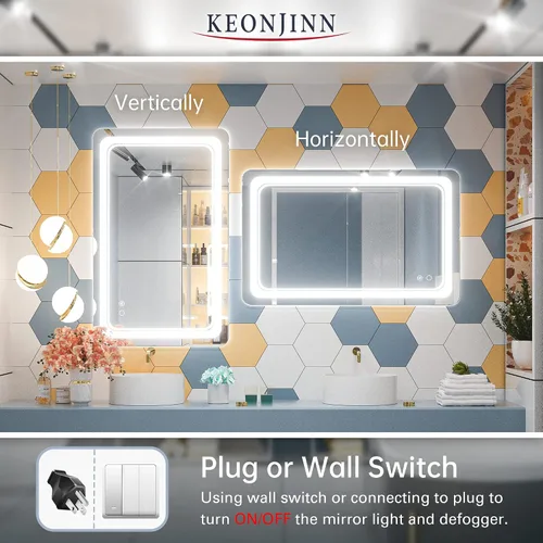 Miniatura 4 de Keonjinn Espejo de baño LED de 40 x 24 pulgadas, espejos con luces, espejo de tocador iluminado, luces regulables antivaho montadas en la pared