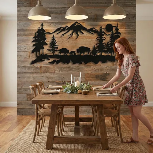 Miniatura 7 de DEKADRON Arte de pared de metal, decoración familiar de bisonte de metal, arte de pared natural, decoración de bisonte, montaña y árbol, decoración