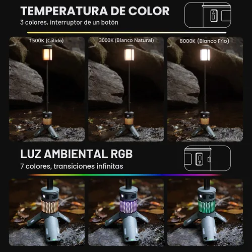 Miniatura 2 de Luces de camping telescópicas, luces de camping recargables con soporte, linternas de camping plegables de 12000mAh, linternas portátiles con base
