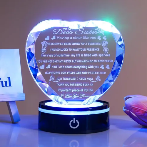 Miniatura 4 de YWHL Regalos de cumpleaños para hermanas con base LED colorida de corazón de cristal para mi hermana, regalo significativo para hermanas en Navidad