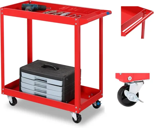 Miniatura 7 de TUFFIOM - Carrito de herramientas rodante de 2 niveles, carrito de servicio industrial con ruedas con 2 frenos, carrito utilitario de acero