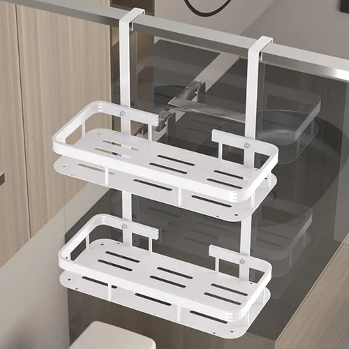 Miniatura 3 de Organizador de ducha blanco para colocar sobre la puerta, organizador de baño a prueba de óxido, estante de almacenamiento de 2 niveles, estantes