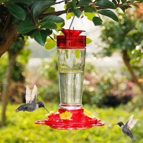 Miniatura 6 de Shrdaepe Comedero para colibríes, comedero para pájaros con botella de vidrio, 5 puertos de alimentación, capacidad de néctar de 10 onzas Rojo