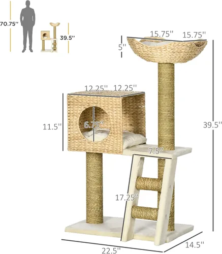 Miniatura 7 de PawHut Cattail Weave - Árbol para gatos de interior, torre de gatito con condominio de ratán para gatos, cama de mimbre, escalera, cojines lavables