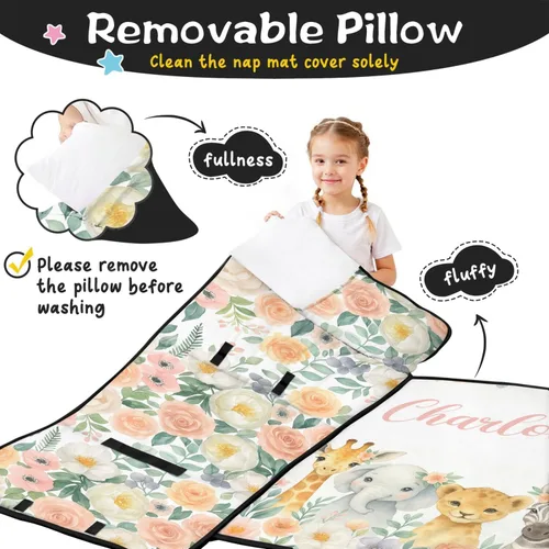 Miniatura 3 de Tapete personalizado para siesta para niños pequeños con funda de almohada y manta, sacos de dormir de animales florales con nombre personalizado