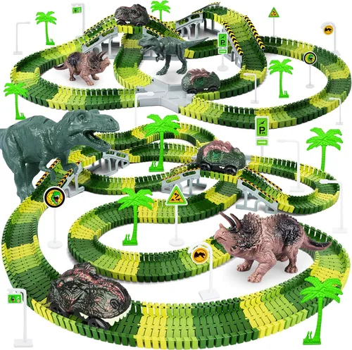 Juguetes de dinosaurio, crea una carrera de carretera mundial de dinosaurios, juego de pista flexible y 2 piezas de autos de dinosaurio geniales