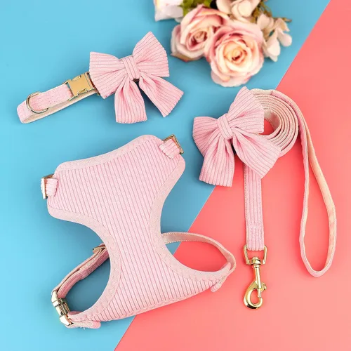 Miniatura 3 de Didog Lindo juego de arnés, collar y correa para perro pequeño con moño, arnés acolchado de malla suave y transpirable para cachorros, arnés rosa