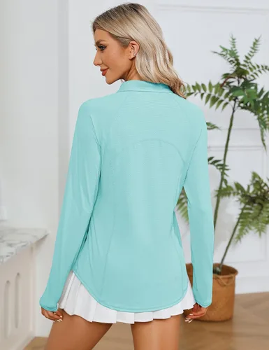 Miniatura 6 de LOMON Camisas de manga larga para mujer, protección solar, cremallera de 14, de verano, de secado rápido, para senderismo, con cremallera de un