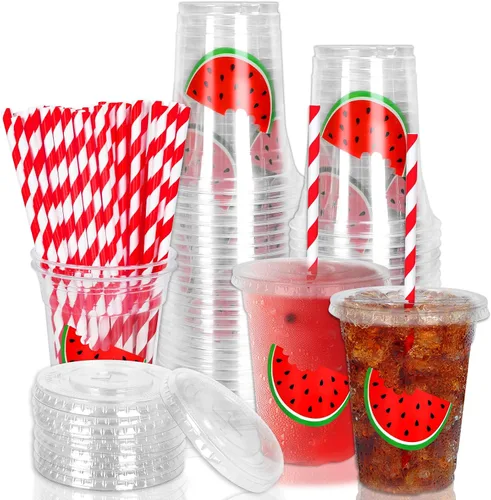 Miniatura 43 de Whaline 50 vasos de plástico desechables patrióticos de 12 onzas con tapas y pajitas con la bandera estadounidense del 4 de julio, vasos