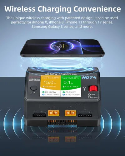 Miniatura 5 de HOTA D6 Pro Lipo Cargador de batería, doble canal 15A AC200W DC650W Cargador de equilibrio inteligente con panel de carga inalámbrico Salida USB