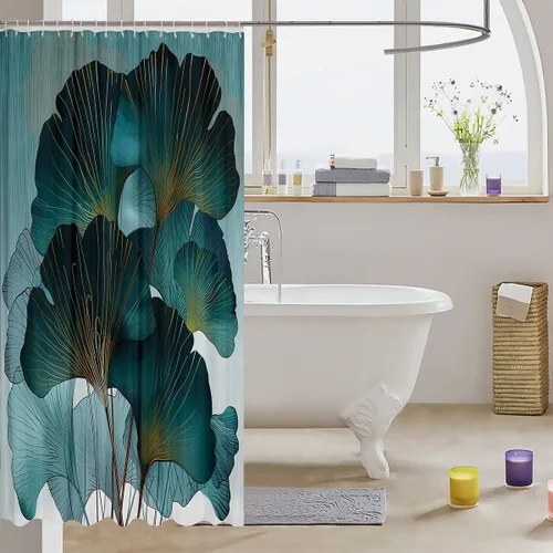 Miniatura 3 de Castle Fairy Cortinas de ducha con hojas de ginkgo, cortina de baño botánica de naturaleza verde, tela de plantas de acuarela, juego de decoración
