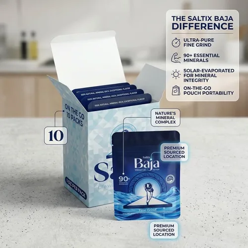 Miniatura 3 de Saltix Baja Mineral - Sal marina fina On-The-Go 10 paquetes de bolsa resellable (1 onza ~ 20 porciones cada una) 100% natural, sin refinar