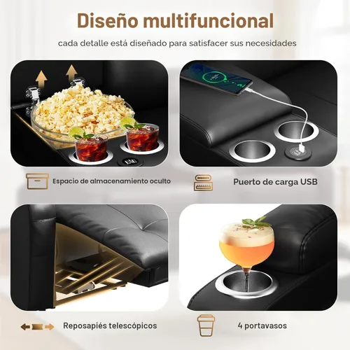 Miniatura 4 de Sofá reclinable de dos plazas, asientos de cine en casa, sofá reclinable con USB, consola central, sillón reclinable de pared para caravana