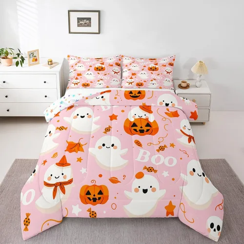 Miniatura 15 de Feelyou Juego de edredón de Halloween, color rosa fantasma, juego de ropa de cama tamaño individual, decoración para niños y niñas, lindo juego