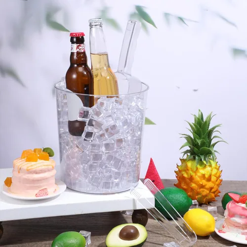 Miniatura 5 de Norme 18 cubos de hielo de plástico para fiestas, enfriador de botellas de vino transparente de 5 litros con asas, tina redonda para bebidas