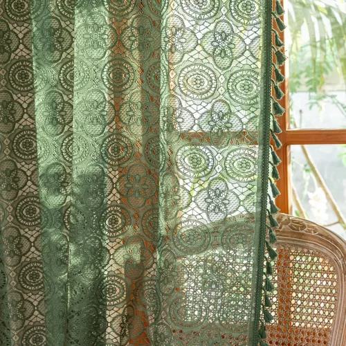 Miniatura 30 de YJ YANJUN - Cortinas de café boho, 24 pulgadas de largo, 2 paneles, cada una de 59" de ancho x 24" de largo, beige, con crochet, cortinas de cocina
