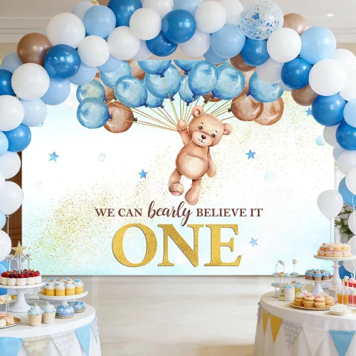 Miniatura 7 de MEHOFOND We Can Bearly Believe It One - Fondo para decoración de primer cumpleaños para niño, globo de oso azul, pancarta de primer cumpleaños