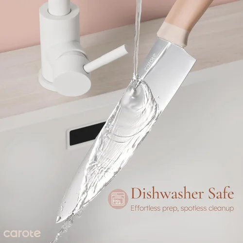 Miniatura 6 de CAROTE Juego de 9 piezas de cuchillos de cocina con bloque y afilador, cuchillos aptos para lavavajillas para cocina, cubiertos forjados con Rosa