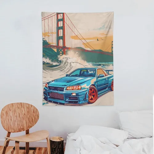 Miniatura 7 de QEOPGNE Tapiz grande para colgar en la pared, diseño de puente de puerta dorada, grandes olas, japonés, retro, Jdm, auto, R34, tapiz para 2