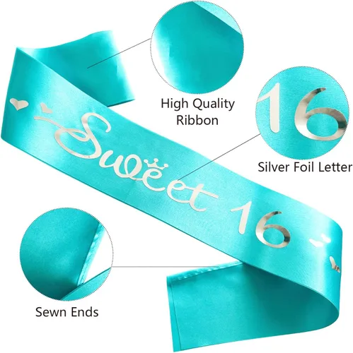 Miniatura 2 de Banda de 16, bandas suaves de satén azul y verde con letra de papel de aluminio plateado, bandas de decoración de cumpleaños de 16 años, regalos