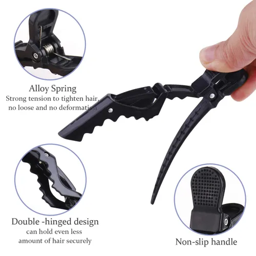 Miniatura 2 de GLAMFIELDS 12 pinzas para el pelo de cocodrilo negro para mujeres, peluquería de peluquería, clip profesional de agarre de plástico antideslizante