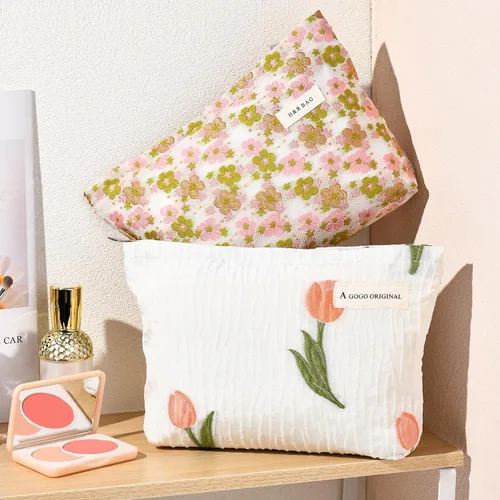 Miniatura 6 de SOIDRAM Bolsa de maquillaje de flores de 2 piezas, bolsa grande de cosméticos florales de gran capacidad, bolsa de viaje de lona para artículos