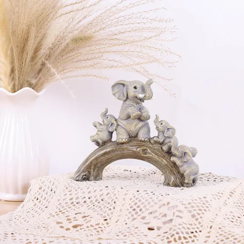 Miniatura 6 de suruim Lindas estatuas de elefante, elefante de buena suerte y sus tres hijos jugando en un puente de troncos para sala de estar, dormitorio