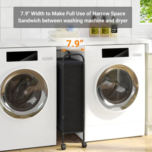 Miniatura 2 de ELYKEN Cesta de lavandería delgada con tapa, cesta de lavandería rodante pequeña de 50L con ruedas, carrito estrecho de 7.9" para ropa sucia