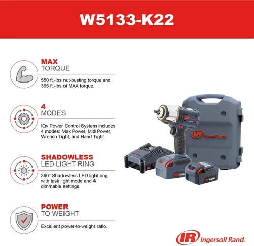 Miniatura 12 de Ingersoll Rand W5133-K22 - Llave de impacto inalámbrica IQV20 de 3/8 pulgadas y kit de batería con motor sin escobillas, luz LED de 360 grados, par