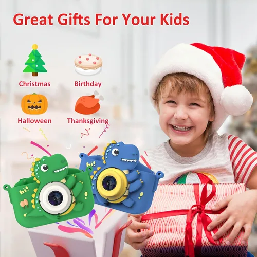Miniatura 6 de Cámara de dinosaurio para niños, cámara HD selfie para niños pequeños, juguetes de cumpleaños de Navidad para niños y niñas de 3 a 12 años, cámara