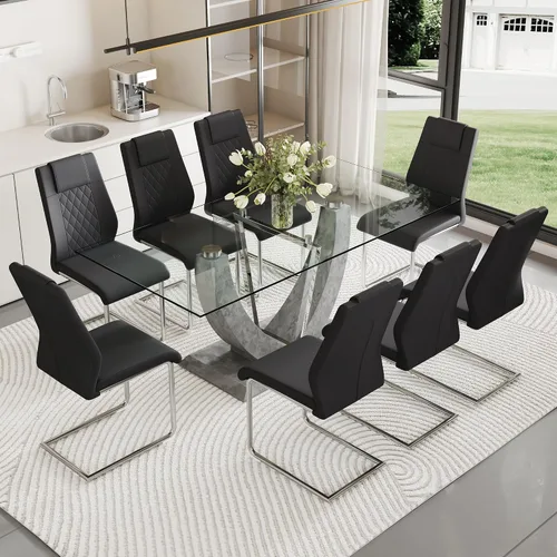 Miniatura 14 de Juego de mesa de comedor de cristal para 6, juego de mesa de cocina de 7 piezas con 6 sillas, mesa de vidrio templado de 71 pulgadas con sillas