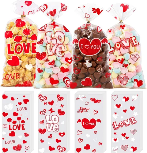Bolsas de golosinas de San Valentín ONFAON, 180 bolsas de caramelos de San Valentín con 200 lazos para empacar bocadillos, galletas y caramelos, San