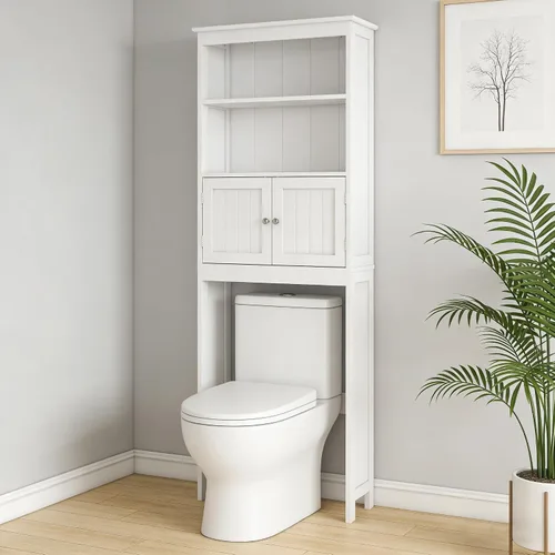 Miniatura 6 de Estantes de baño sobre el inodoro con 2 puertas de madera sobre el inodoro, organizador de baño independiente sobre el inodoro, color blanco