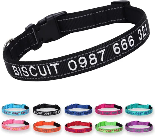 Miniatura 10 de Collar reflectante personalizado para perro, nombre bordado personalizado y número de teléfono, acolchado de neopreno suave y nailon transpirable